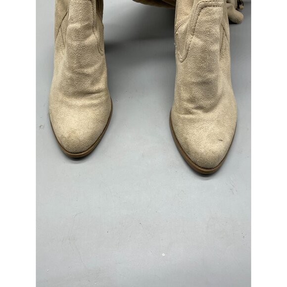 faux suede mid calf high heel boot 3 1/2" heel size 7 leg zips light brown READ - Picture 6 of 9